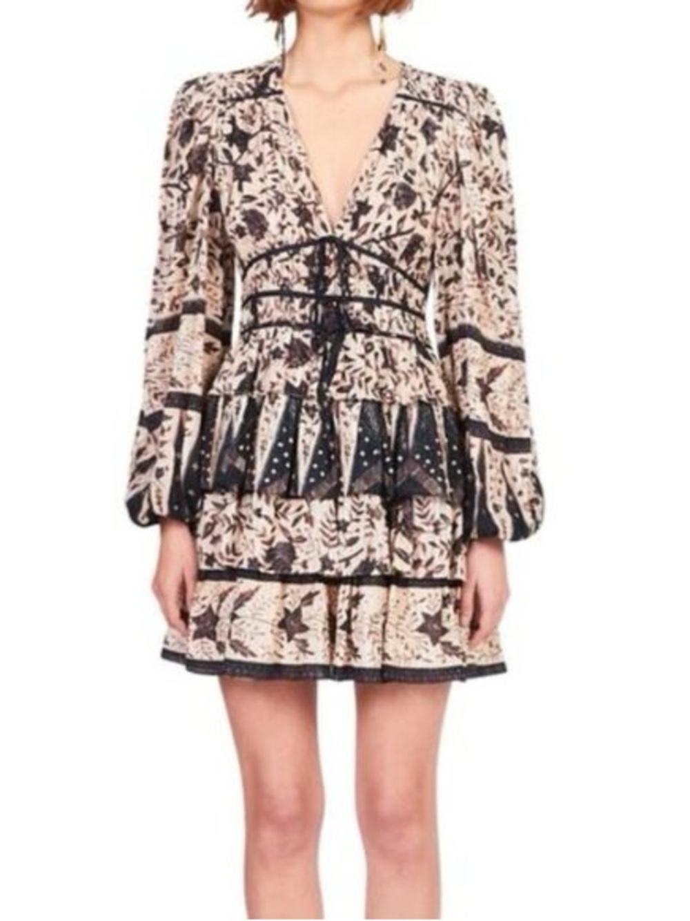 Ulla Johnson Beige Floral V-Neck Long Sleeve Mini Dress with Black Trim